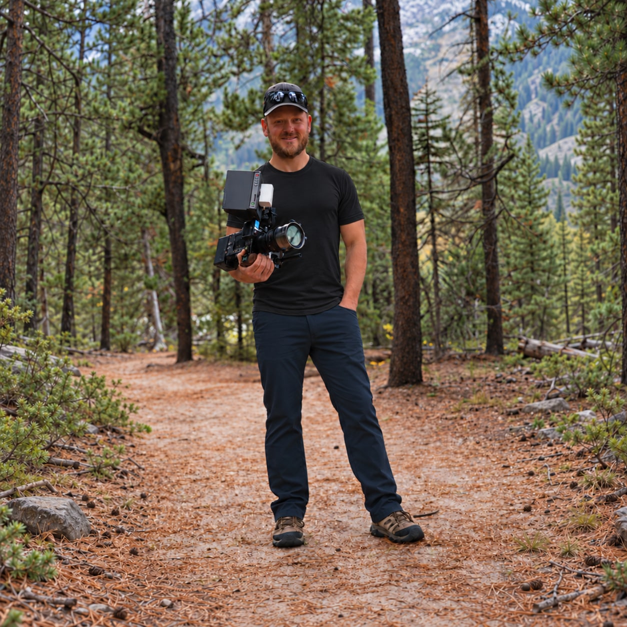 Mark Richardson holding a cinema camera in a pine forest