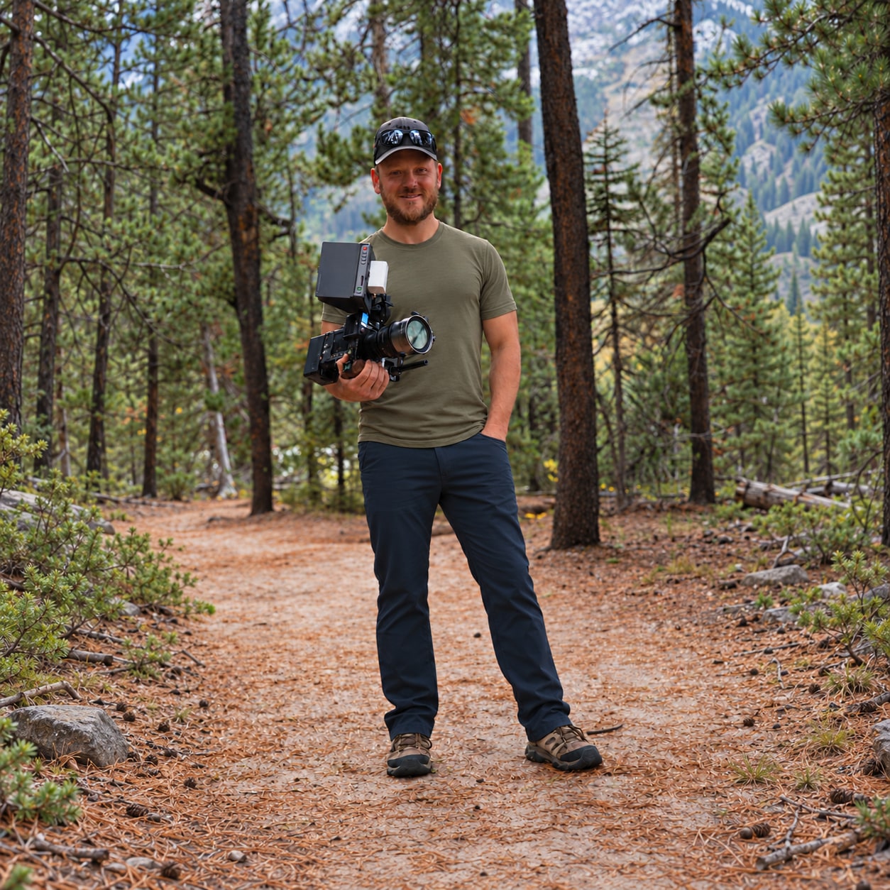 Mark Richardson holding a cinema camera in a pine forest